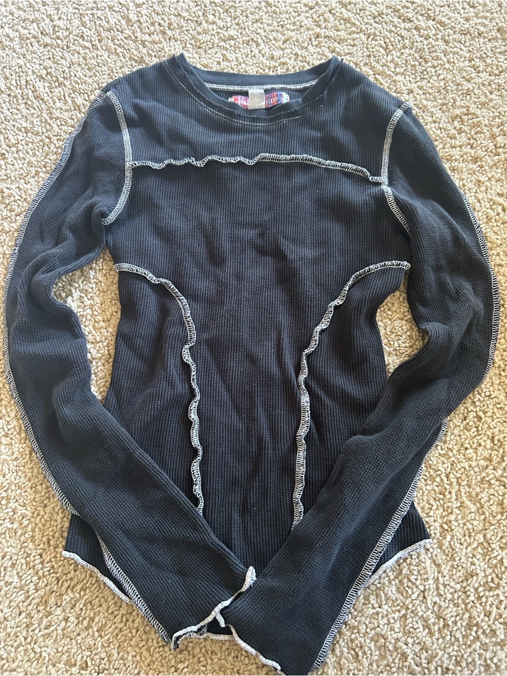 Urban Outfitters Black Ribbed Long Sleeve Top with White Contrast Stitching